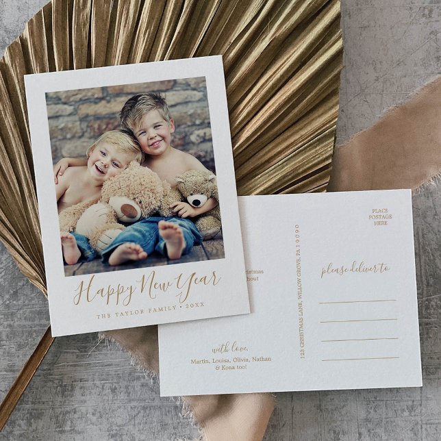 Minimalist Gold Happy New Year Portrait Photo Holiday Postcard (Creator Uploaded)