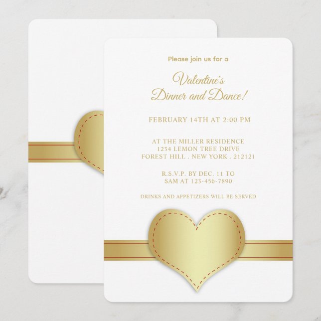 Minimalist Gold Heart Gold Strip Valentine's Day  Invitation (Front/Back)