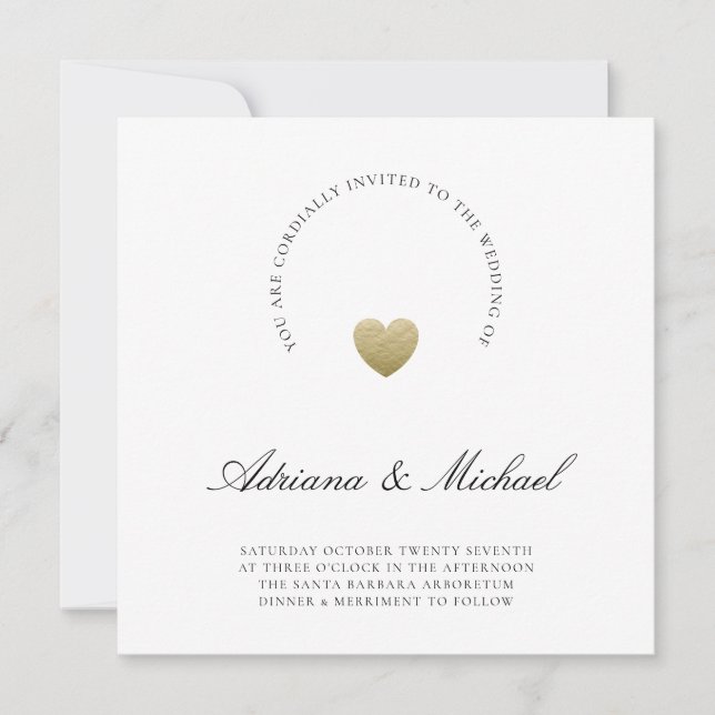 Minimalist Gold Heart Modern Script Wedding Invitation (Front)