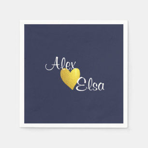 Minimalist Gold Heart Navy Blue Custom Wedding Napkins