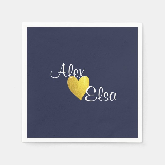 Minimalist Gold Heart Navy Blue Custom Wedding Napkins (Front)