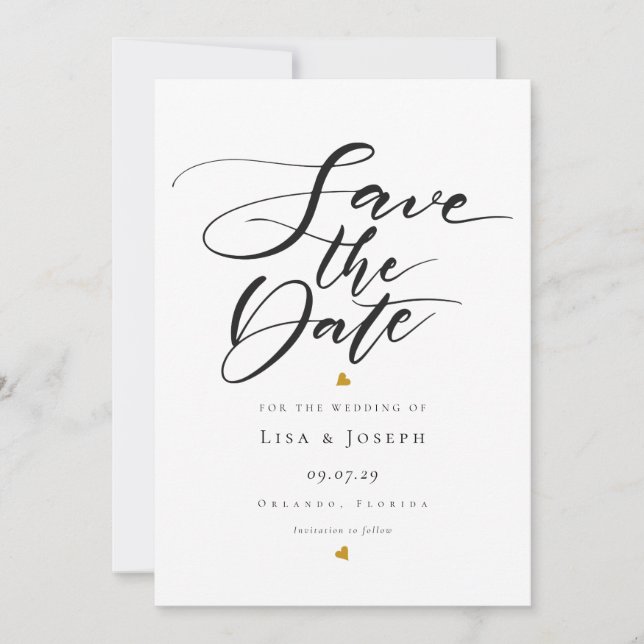 Minimalist Gold Hearts Black and White Script Save The Date (Front)