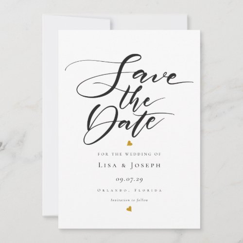 Minimalist Gold Hearts Black and White Script Save The Date