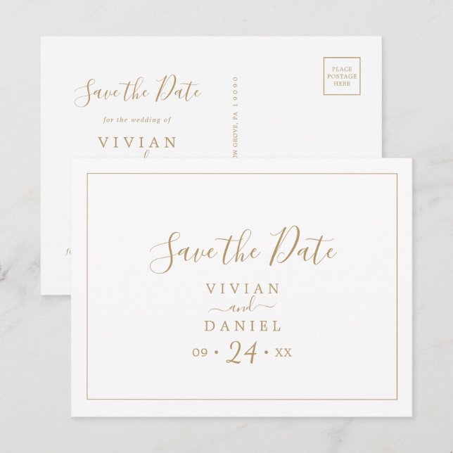 Minimalist Gold Horizontal Save the Date Postcard (Front/Back)