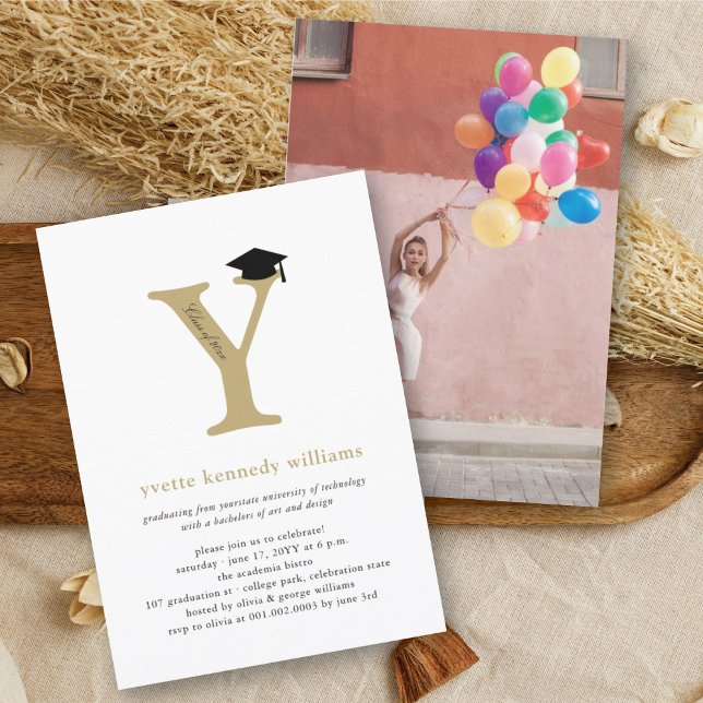Minimalist Gold Initial 'Y' Graduation Cap Photo Invitation (Creator Uploaded)