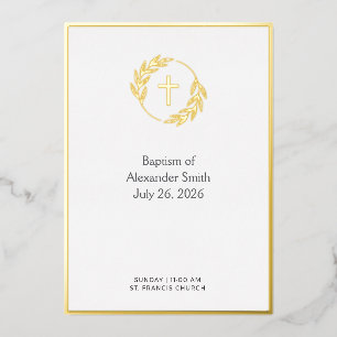 Minimalist Gold Laurel Cross Baptism Invitation Foil Invitation