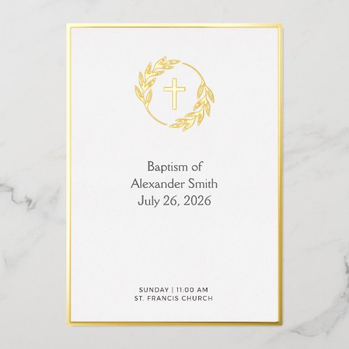 Minimalist Gold Laurel Cross Baptism Invitation Foil Invitation