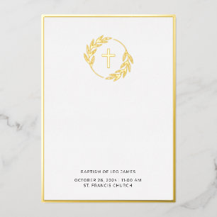Minimalist Gold Laurel Cross Baptism Invitation Foil Invitation