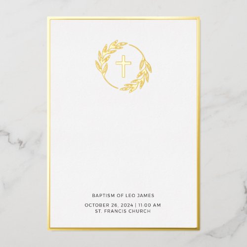 Minimalist Gold Laurel Cross Baptism Invitation Foil Invitation