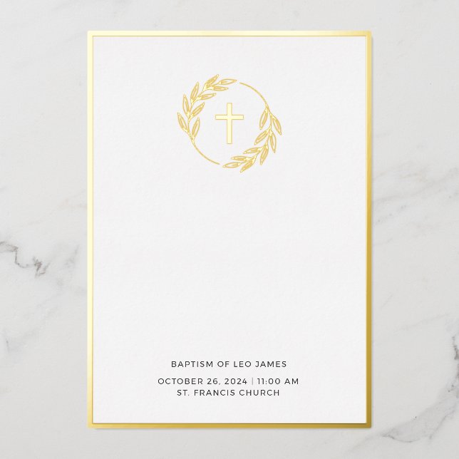 Minimalist Gold Laurel Cross Baptism Invitation Foil Invitation (Front)