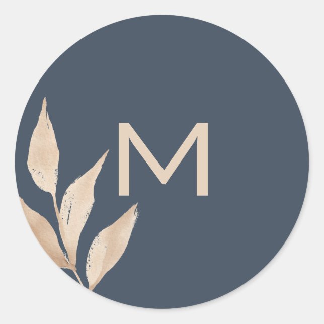 Minimalist gold leaf monogram navy blue classic round sticker (Front)