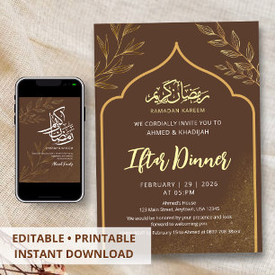 Minimalist Gold Line Art Ramadan Iftar Dinner Invitation