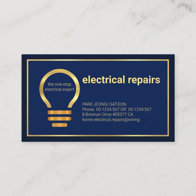 Minimalist Gold Line Frame Home Electrician Business Card (Front)