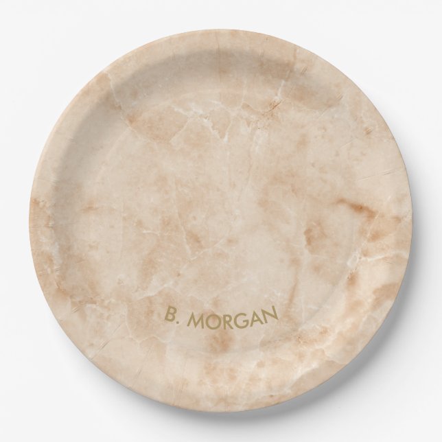 Minimalist Gold Marble Gold Monogram Paper Plates (Front)
