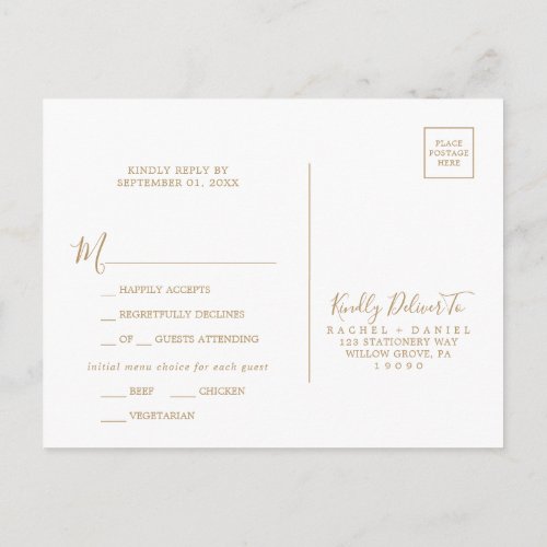 Minimalist Gold Menu Choice RSVP Postcard