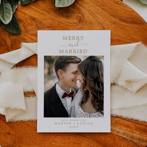 Minimalist Gold Merry and Married Newlywed Photo Holiday Card