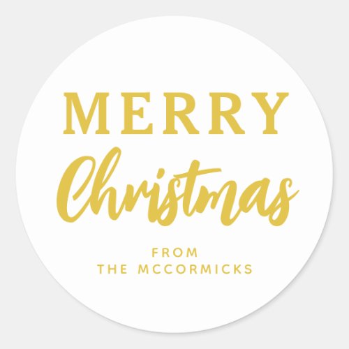 Minimalist Gold Merry Christmas Calligraphy Family Classic Round Sticker