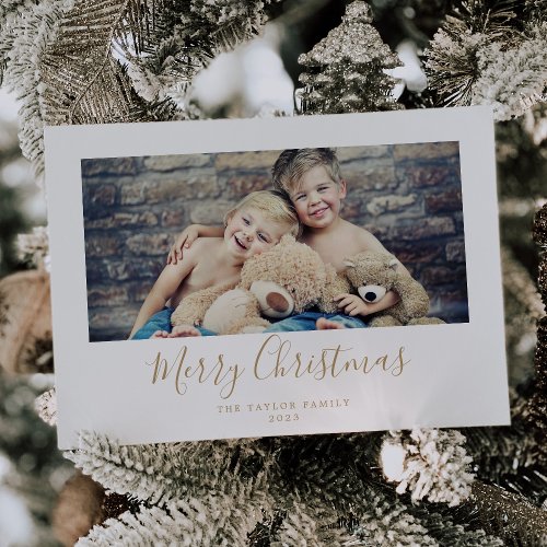 Minimalist Gold Merry Christmas Horizontal Photo Holiday Card