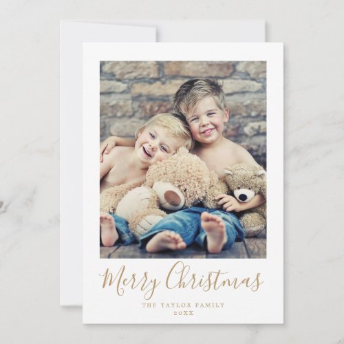 Minimalist Gold Merry Christmas Portrait Photo Holiday Card
