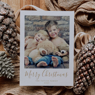 Minimalist Gold Merry Christmas Portrait Photo Holiday Card