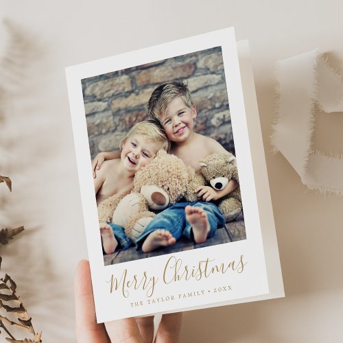 Minimalist Gold Merry Christmas Portrait Photo Holiday Card