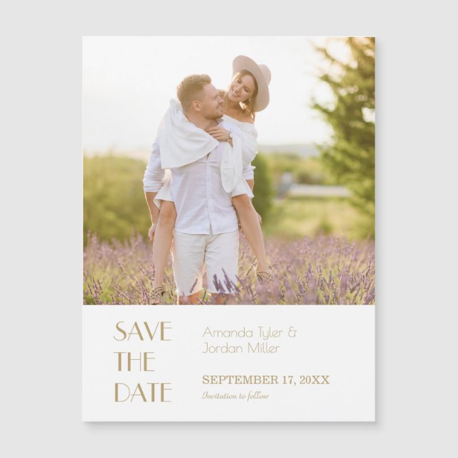Minimalist Gold Modern Art Deco Photo Save Date Magnetic Invitation (Front)