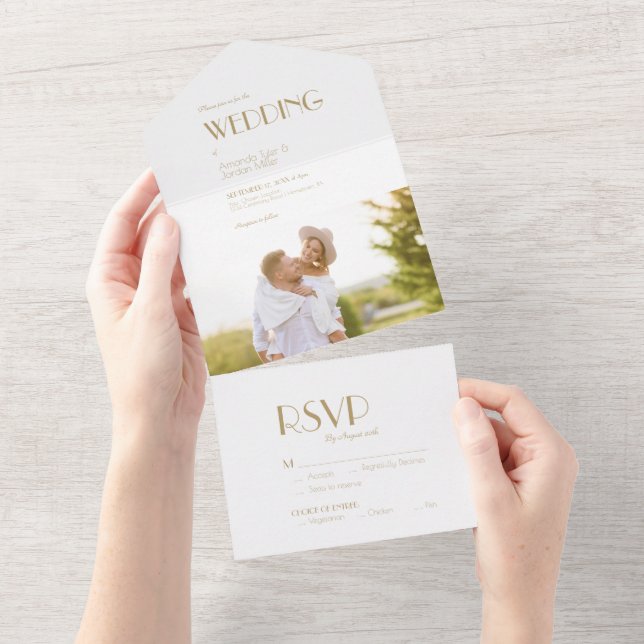 Minimalist Gold Modern Art Deco Photo Wedding All In One Invitation (Tearaway)