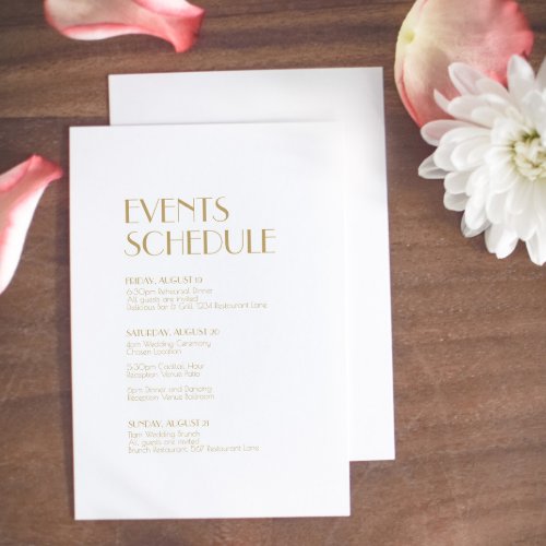Minimalist Gold Modern Art Deco Wedding Schedule Enclosure Card