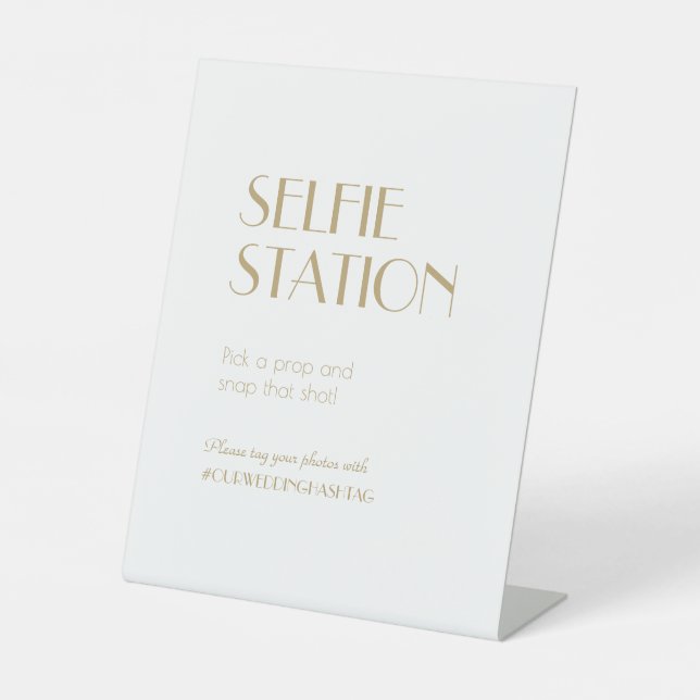 Minimalist Gold Modern Deco Wedding Selfie Station Pedestal Sign (Front)