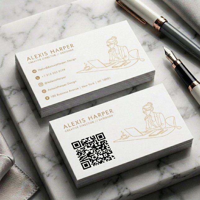 Minimalist Gold Modern Line Art QR Code Business Card (Modern Gold Line Art Business Card with QR Code | Minimalist Branding)