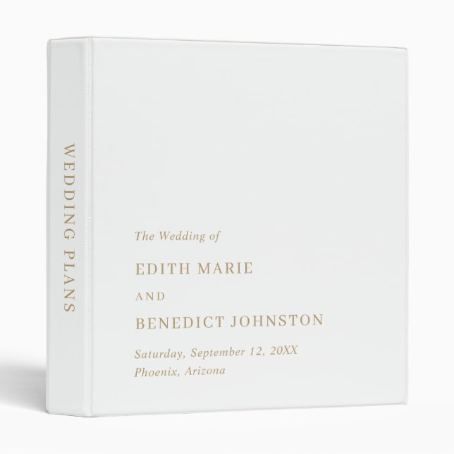 Minimalist Gold Modern Wedding 3 Ring Binder (Front/Spine)