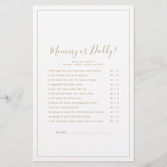 Minimalist Gold Mommy or Daddy Game (Front)