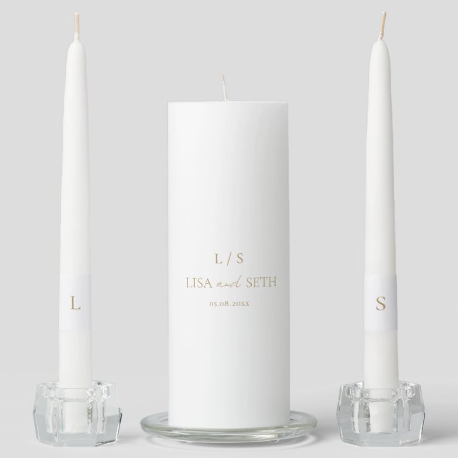 Minimalist Gold Monogram Classic Wedding Unity Candle Set (Front)