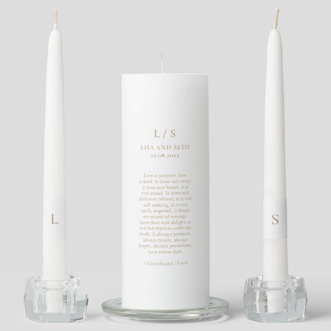 Minimalist Gold Monogram Classic Wedding Unity Candle Set (Front)