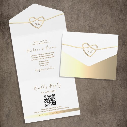 Minimalist Gold Monogram QR Code Wedding All In One Invitation