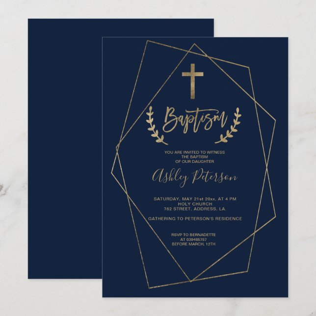 Minimalist gold navy blue geometric baptism invitation (Front/Back)
