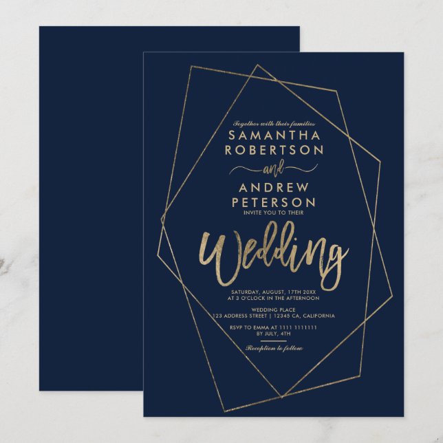 Minimalist gold navy blue geometric wedding invitation (Front/Back)
