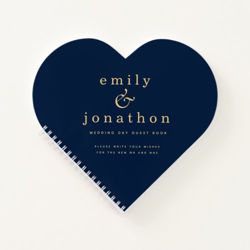 Minimalist Gold Navy Blue Wedding Heart Guest Book