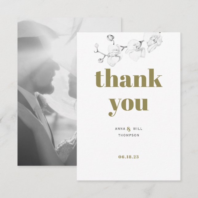 Minimalist Gold Orchid Photo Wedding Thank You Card (Front/Back)