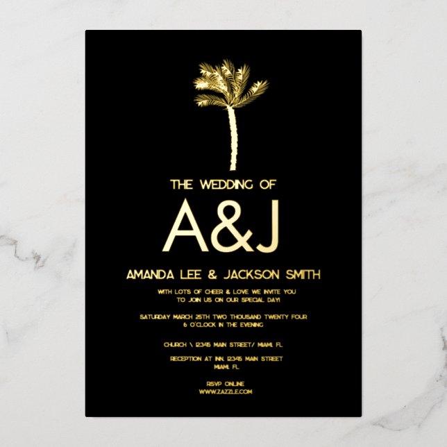 Minimalist Gold Palm Tree Black Wedding Foil Invitation (Front)
