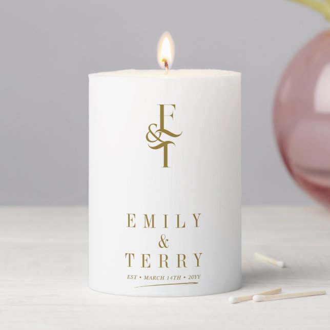 Minimalist Gold Personalized Chic Wedding Monogram Pillar Candle (In Situ)
