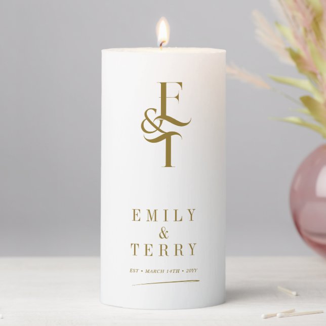 Minimalist Gold Personalized Chic Wedding Monogram Pillar Candle (In Situ)