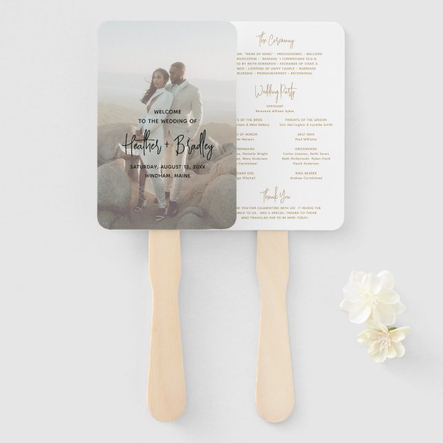 Minimalist Gold Photo Modern Wedding Program Hand Fan (Front and Back)