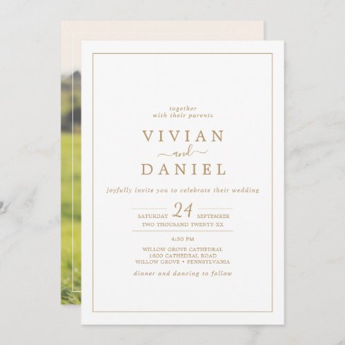 Minimalist Gold Photo on the Back Wedding Invitation