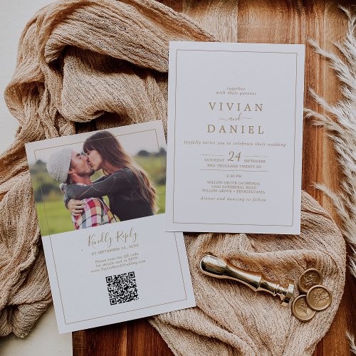 Minimalist Gold Photo QR Code All In One Wedding Invitation