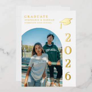 Minimalist Gold Photo Twin Graduation Invitation Foil Invitation