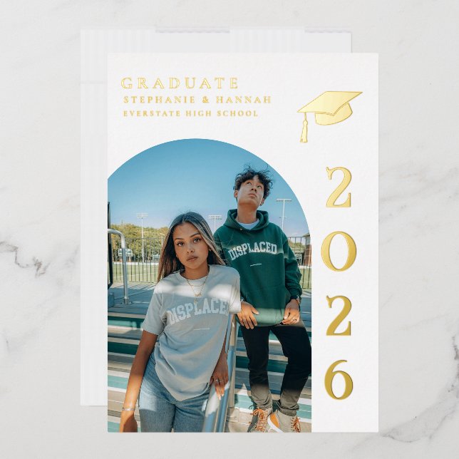 Minimalist Gold Photo Twin Graduation Invitation Foil Invitation (Envelope)