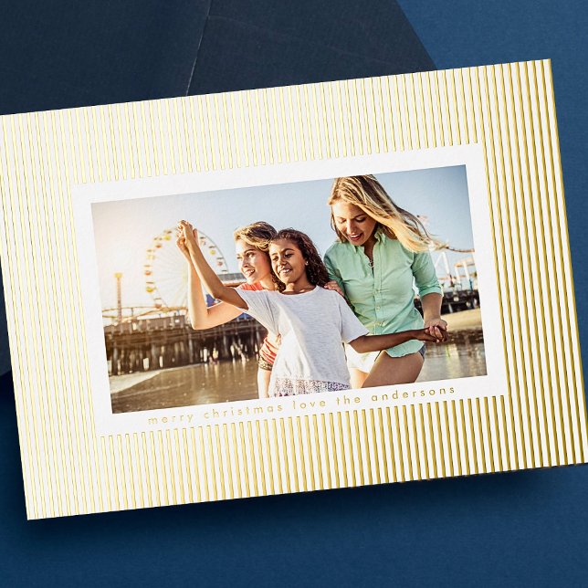 Minimalist Gold Pressed Pin Stripe Christmas Photo Foil Holiday Card (Creator Uploaded)