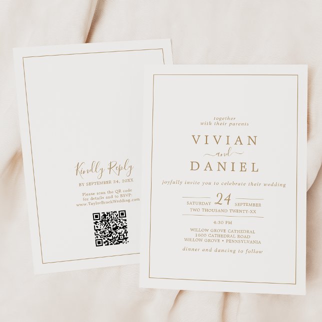 Minimalist Gold QR Code Back All In One Wedding Invitation (Creator Uploaded)