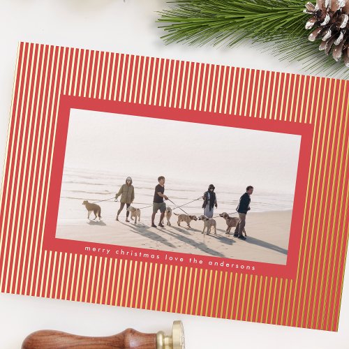 Minimalist Gold  Red Pin Stripe Christmas Photo Foil Holiday Card
